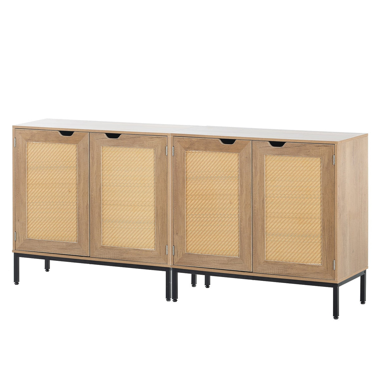 Set of 2 Natural Wood Storage Cabinet with 2 Rattan Doors Y2900