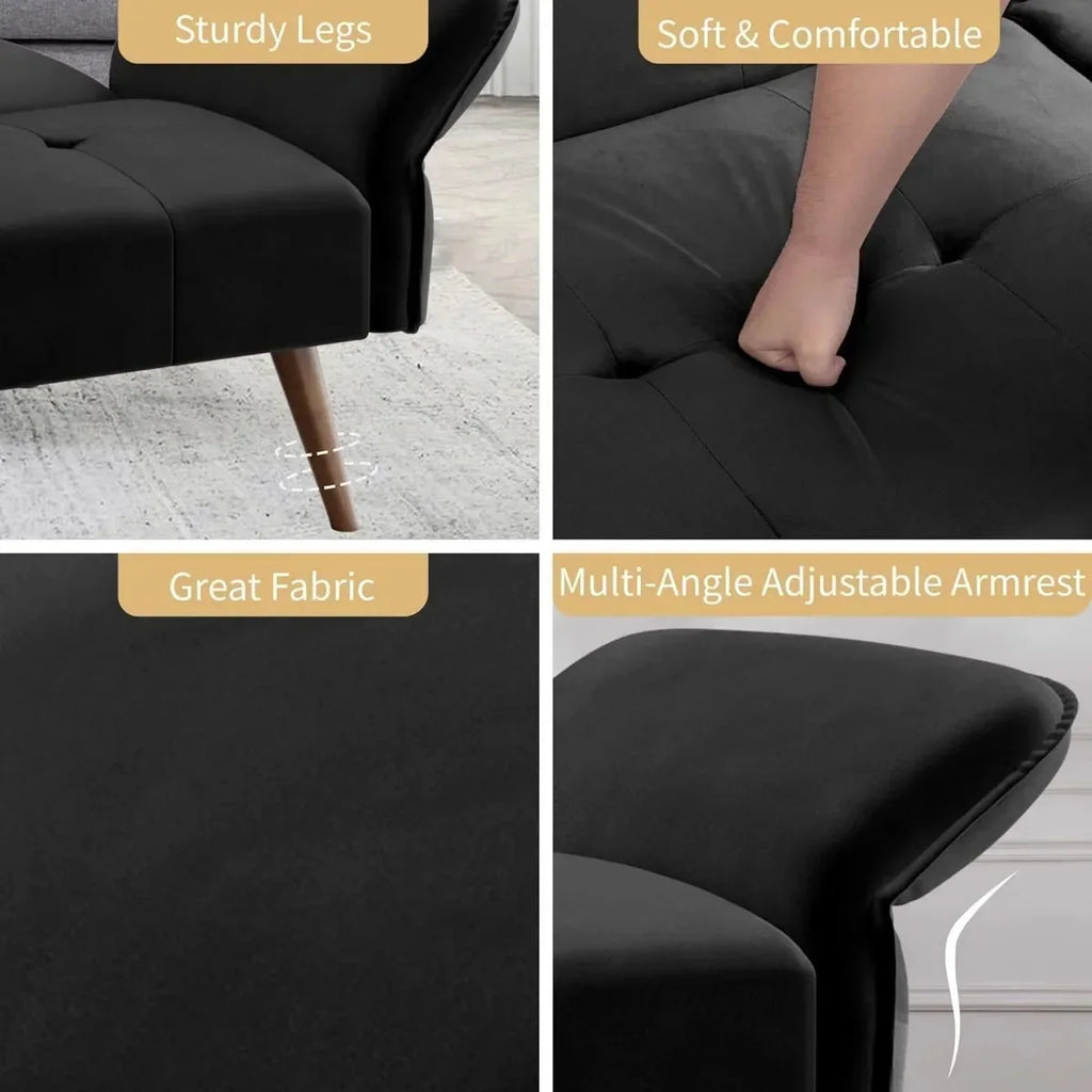 Black Velvet Sofa Bed with Adjustable Armrests C8082