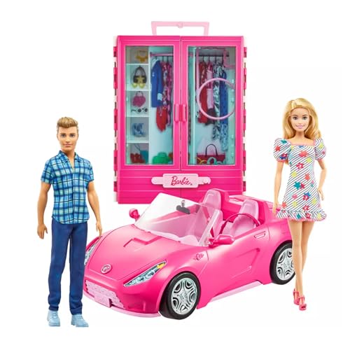 Barbie and Ken Doll with Wardrobe and Pink Two-Seater Convertible Car Z913299