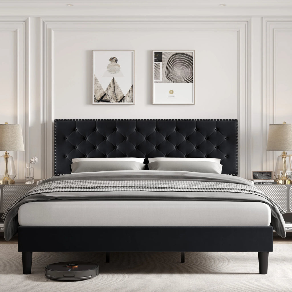 King Size Upholstered Platform Bed with Adjustable Headboard F56925