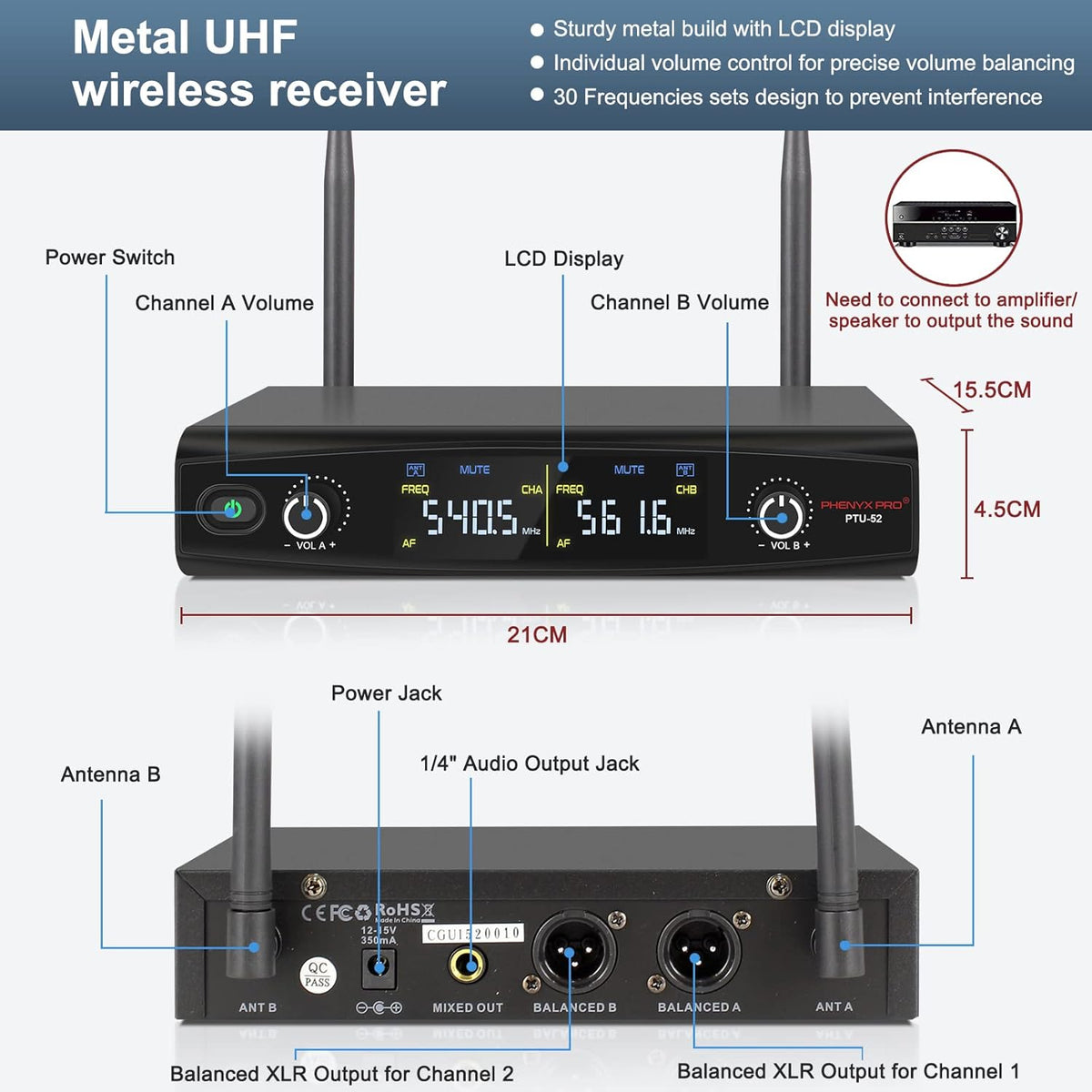 UHF Wireless Microphone System, 30 Adjustable Frequencies, Handheld/Bodypack/Headset/Lapel Mic Set with Case W135