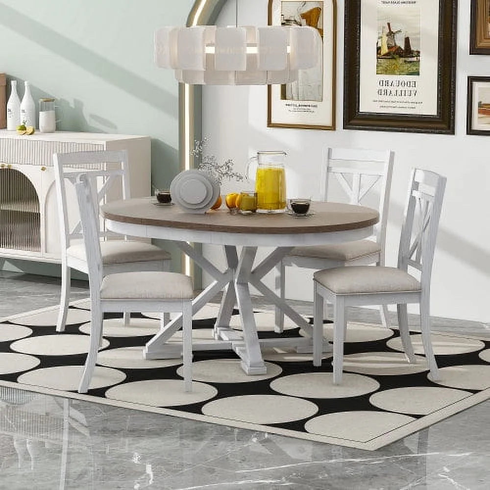 5-Piece Extendable Round Dining Table Set with 4 Upholstered Chairs D30789