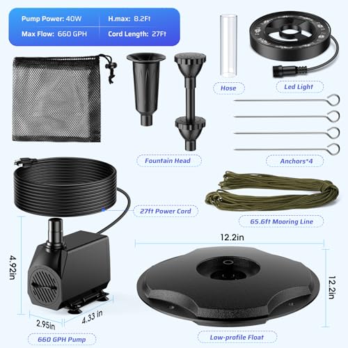 40W 660GPH Floating Pond Fountain with LED Lights and 3 Modes Spray H1601