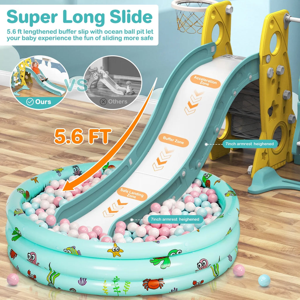 6 in 1 Toddler Slide and Swing Set with Basketball Hoop D531856