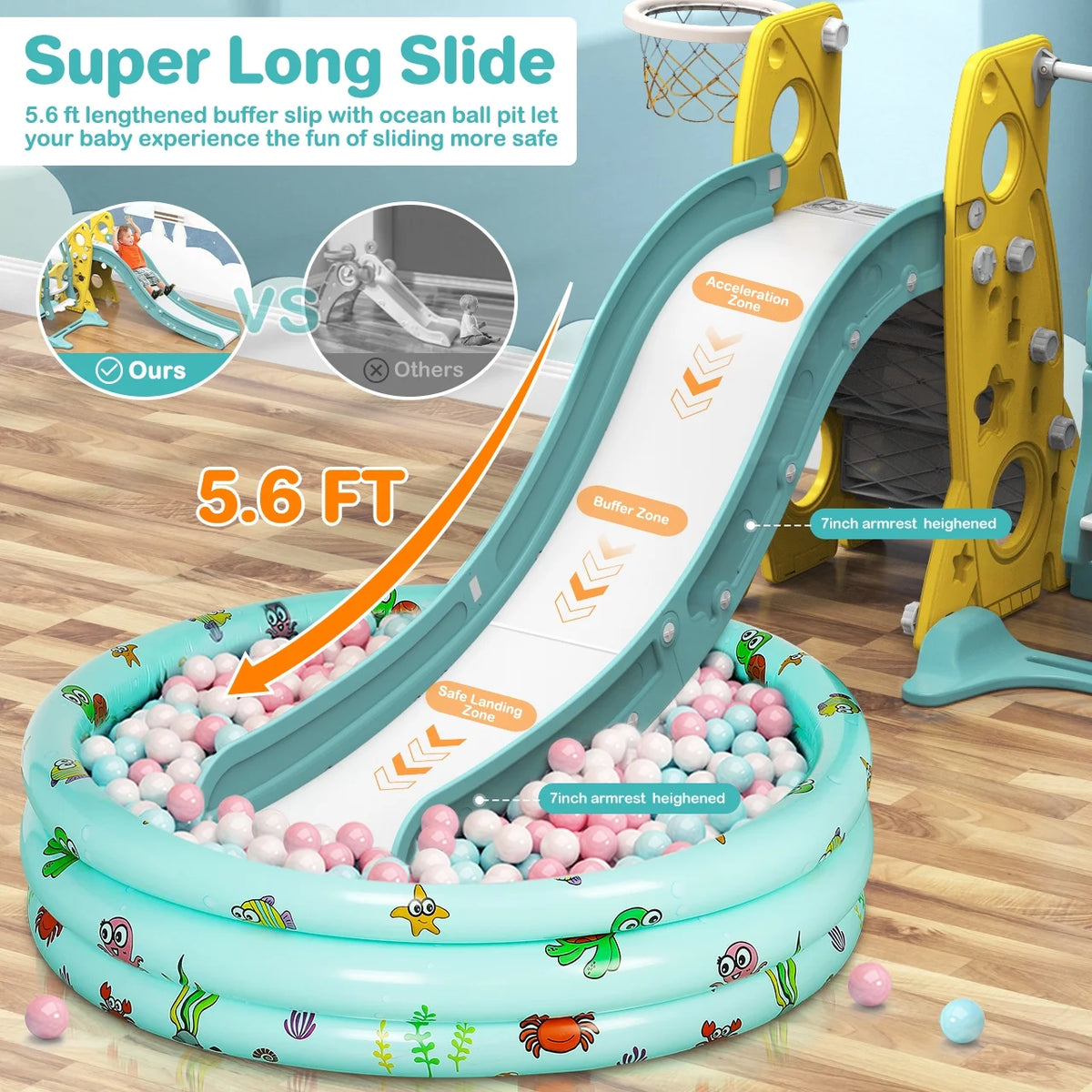 6 in 1 Toddler Slide and Swing Set with Basketball Hoop D531856