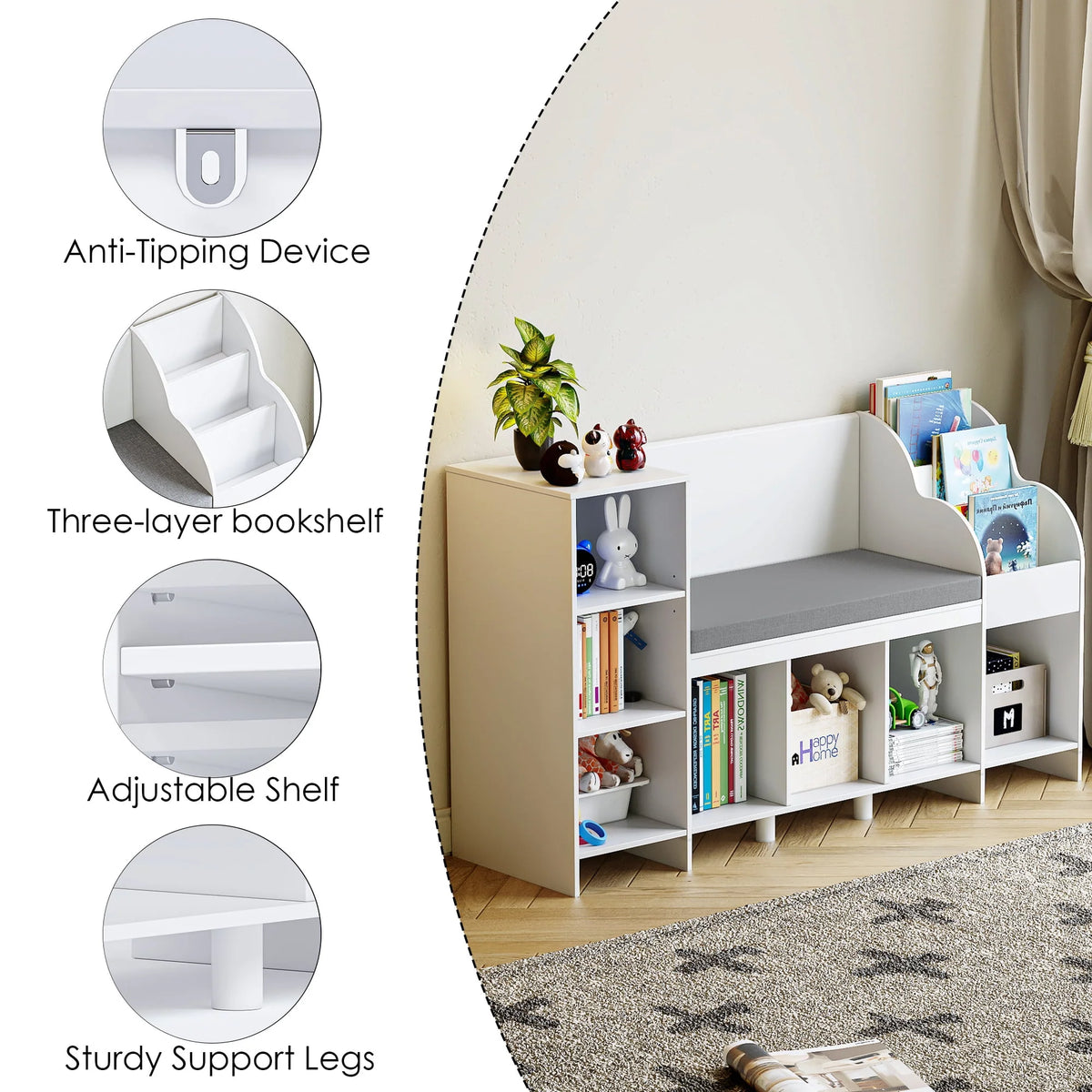 White Kids Bookshelf with Reading Nook X42829