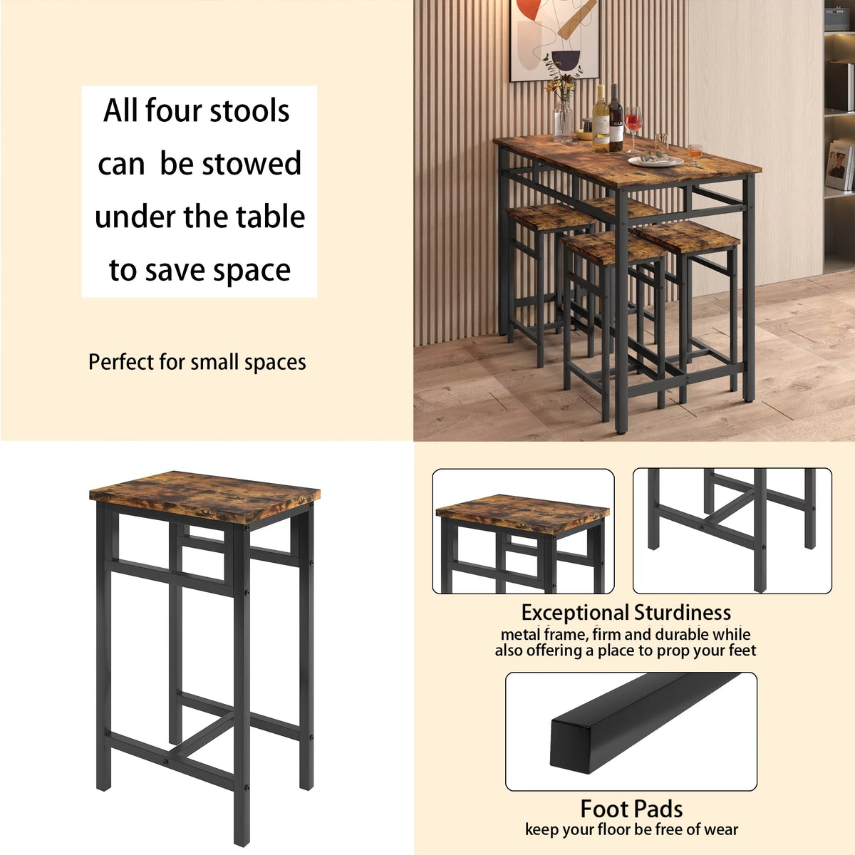 5 Piece Wooden Metal Dining Table and Stools Set A674