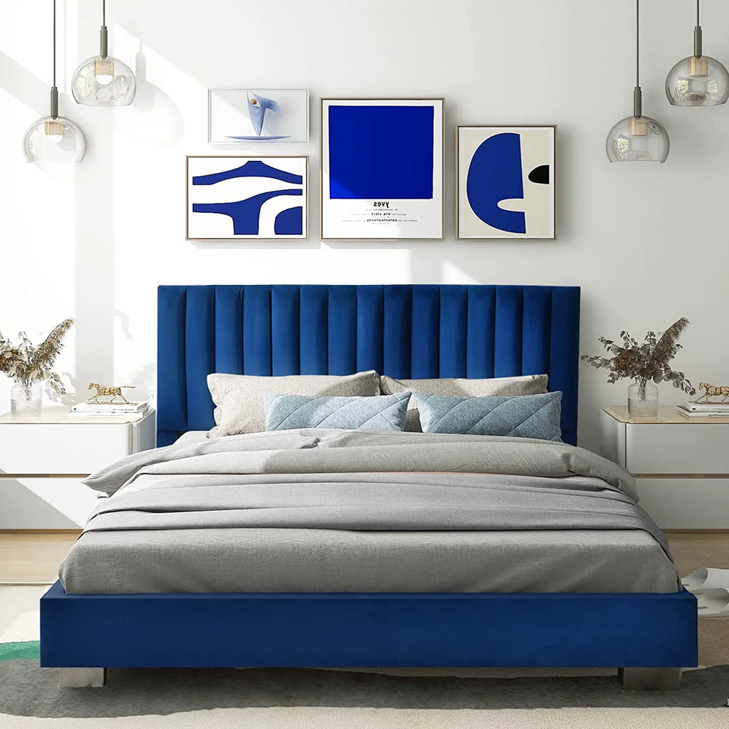 Navy Upholstered Full Size Platform Bed Frame Y9478