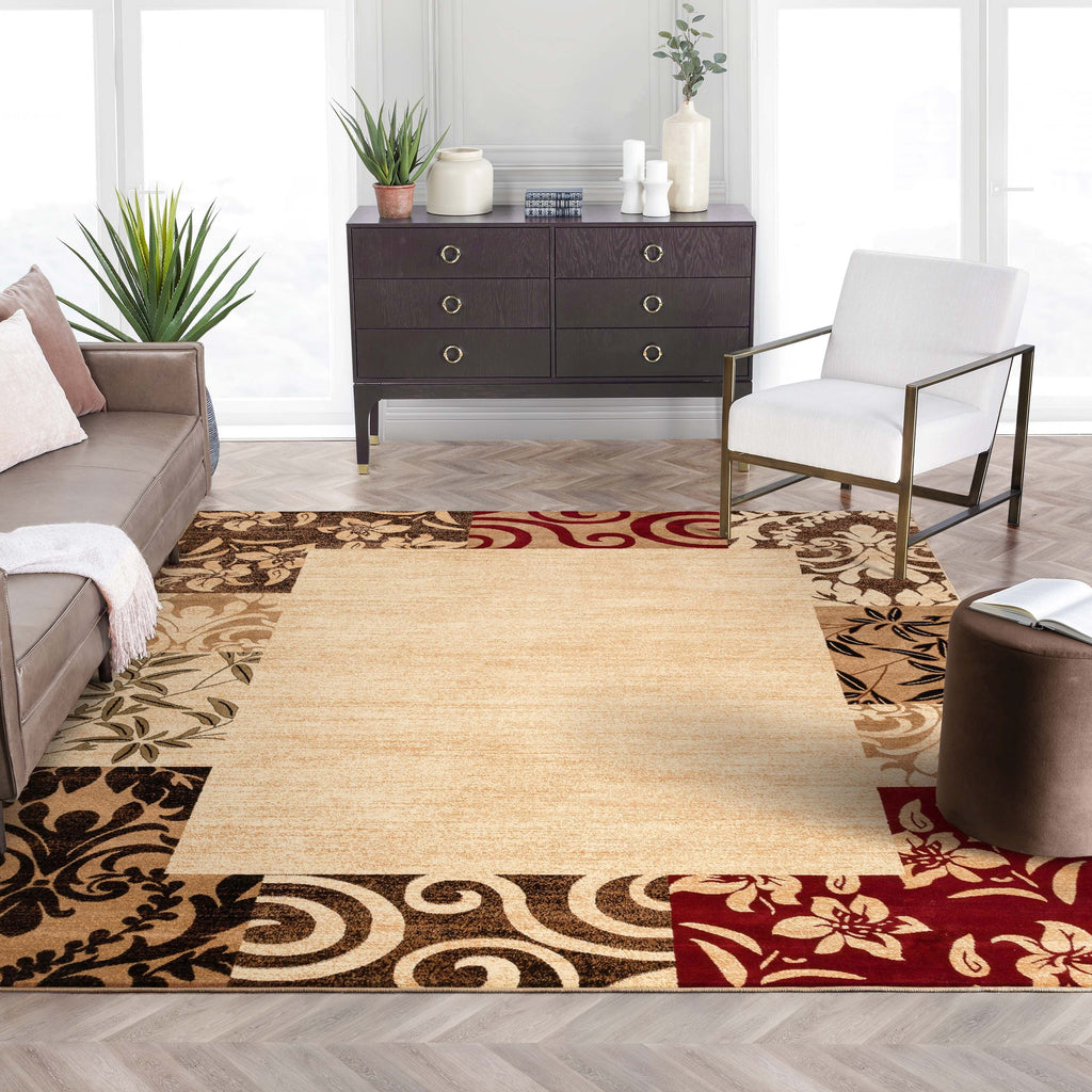 Modern Damask Border Rug Easy Clean Stain Fade Resistant D40415