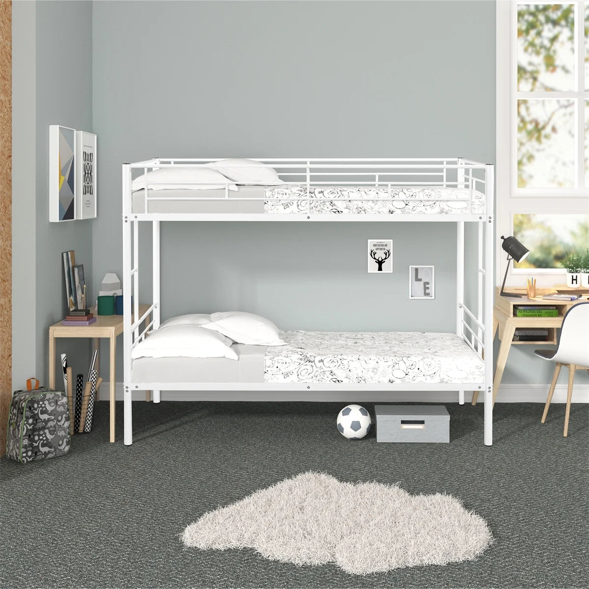 White Twin Over Twin Metal Bunk Bed with Ladders I9351