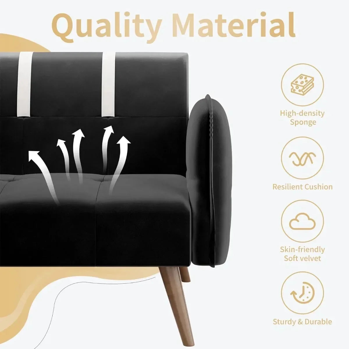 Black Velvet Sofa Bed with Adjustable Armrests C8082
