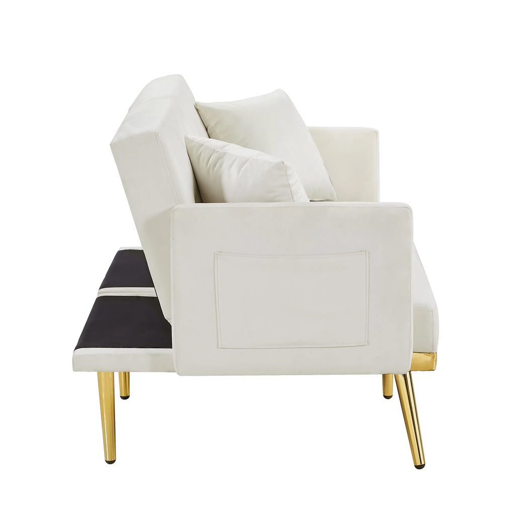 White Velvet Futon Sofa Bed with Gold Metal Legs K72343