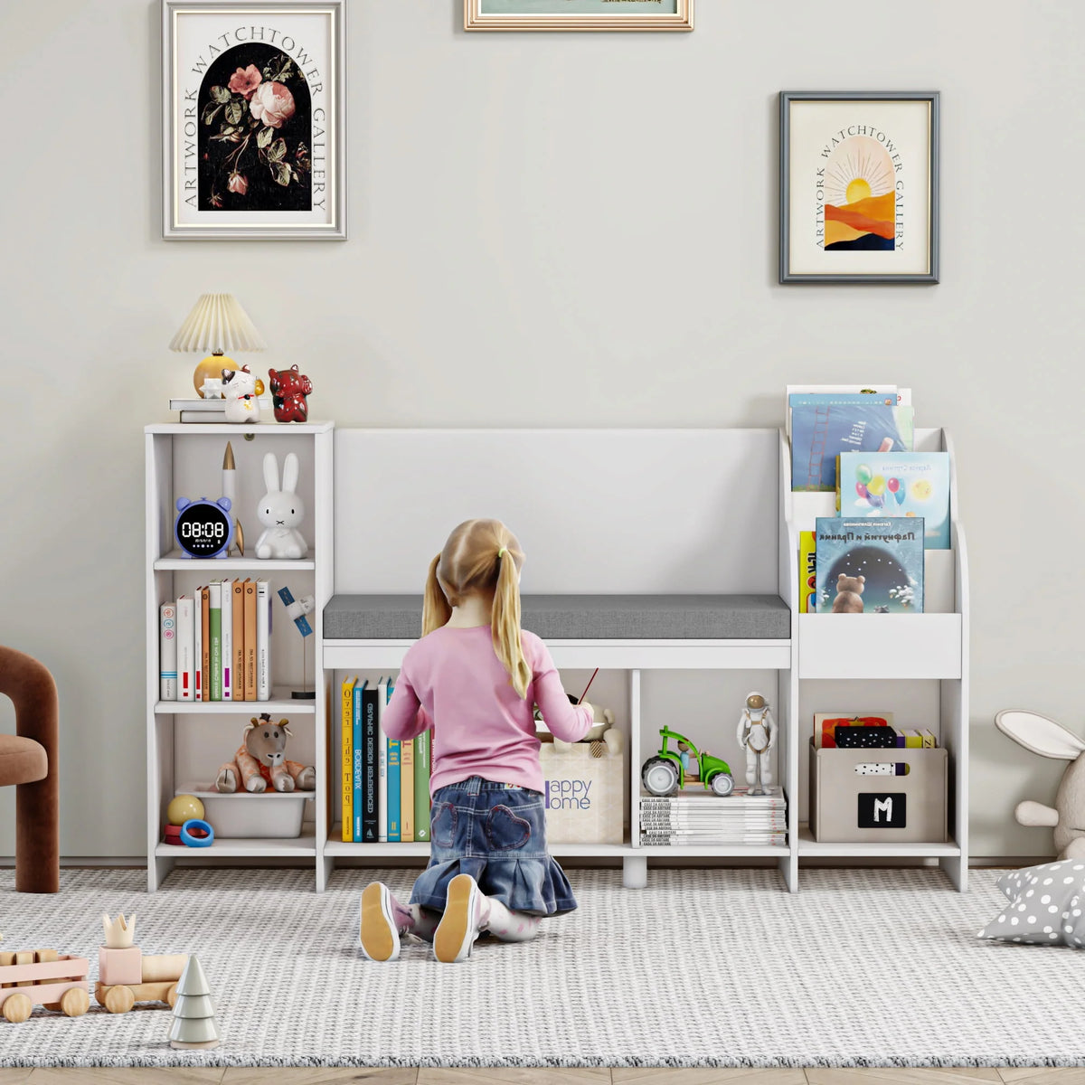 White Kids Bookshelf with Reading Nook X42829