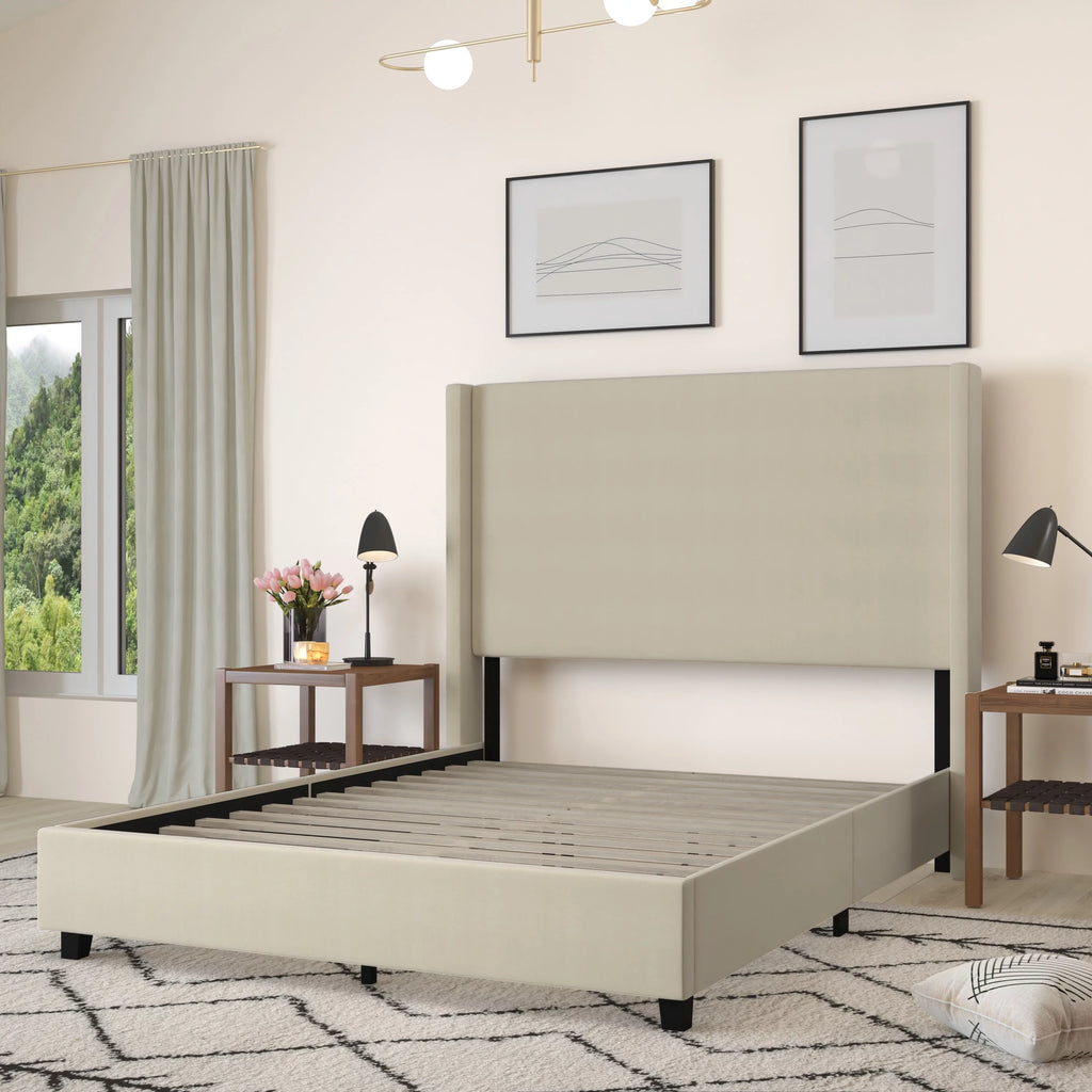 Queen Size Beige Faux Linen Upholstered Platform Bed Frame Z942