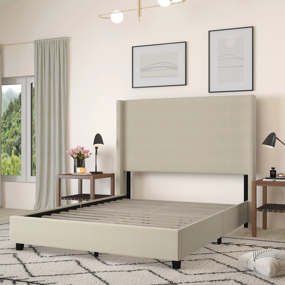 Queen Size Beige Faux Linen Upholstered Platform Bed Frame Z942
