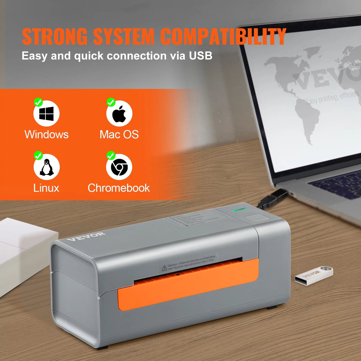 Thermal Label Printer, 203DPI USB Connection, Gray D614