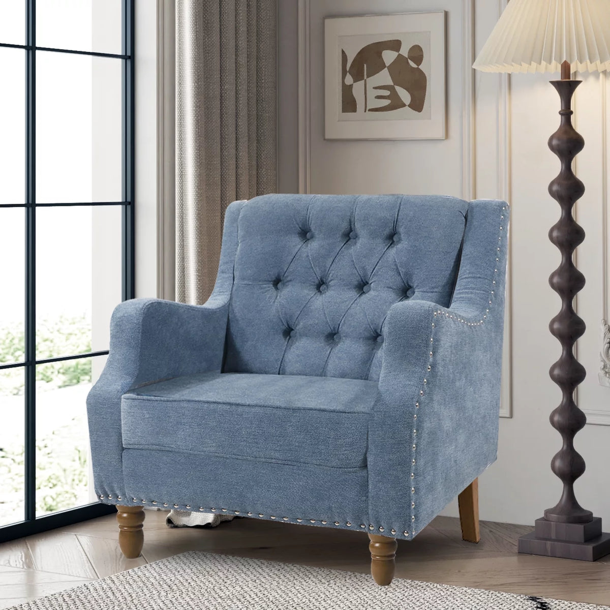 Blue Linen Fabric Accent Chair with Button Tufted Back A2572