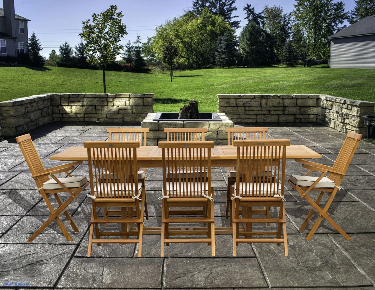 9 Piece Teak Wood Patio Dining Set with Extension Table and Folding Chairs C9750