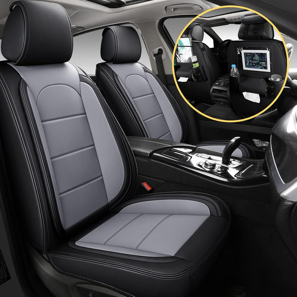 Leather Car Seat Covers with Backseat Organizer, Front Pair, Grey A417