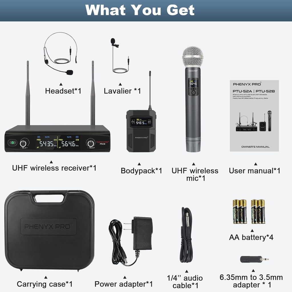 UHF Wireless Microphone System, 30 Adjustable Frequencies, Handheld/Bodypack/Headset/Lapel Mic Set with Case W135