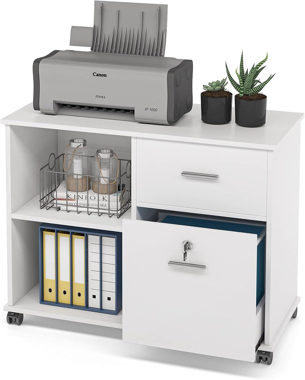 2 Drawer White Mobile File Cabinet with Lock and Shelves Z1389
