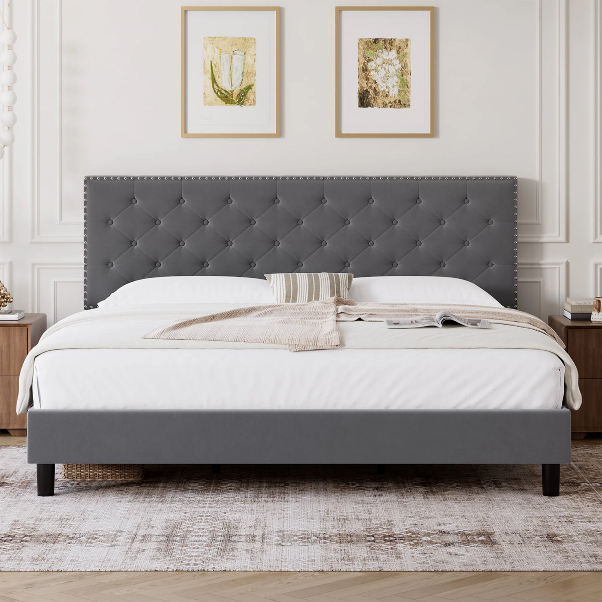 King Size Upholstered Platform Bed with Adjustable Headboard F56925