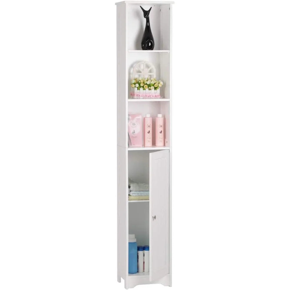 67" Tall White Narrow Bathroom Storage Cabinet with 3 Open Shelves M407232