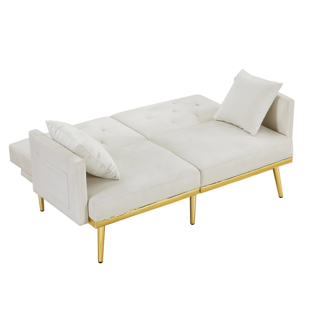White Velvet Futon Sofa Bed with Gold Metal Legs K72343
