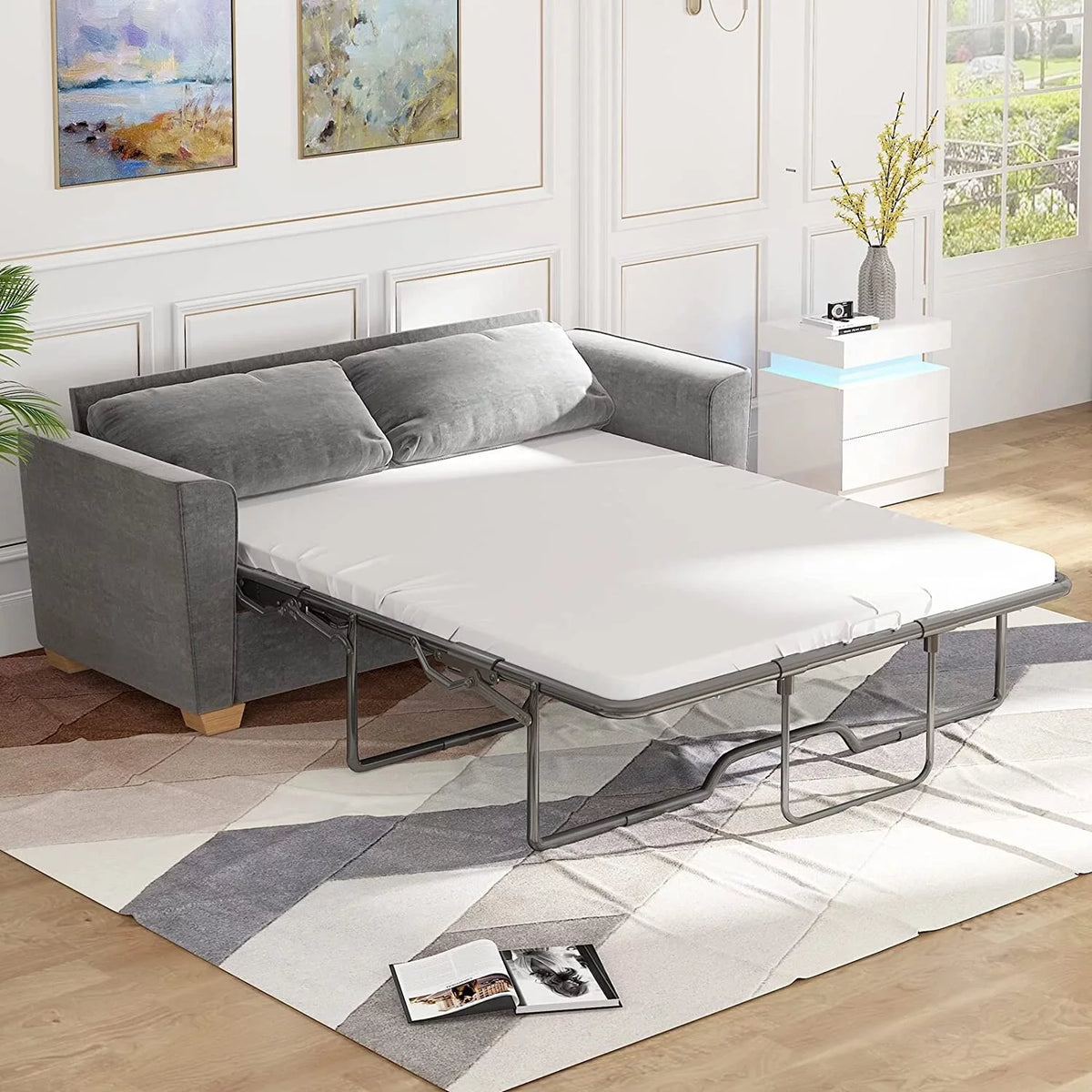 Velvet Sleeper Sofa Bed Queen Light Grey Z895