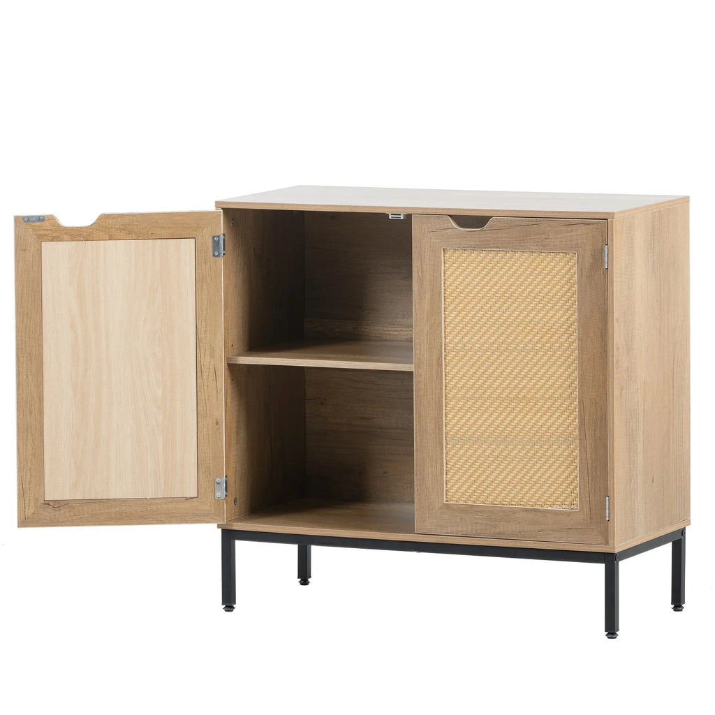 Set of 2 Natural Wood Storage Cabinet with 2 Rattan Doors Y2900