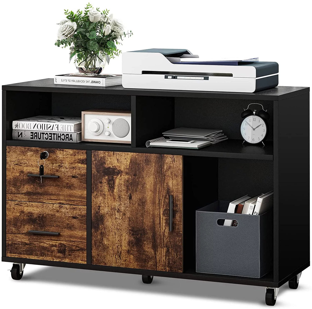 Wood 2 Drawer Mobile File Cabinet with Open Storage Shelves S5031
