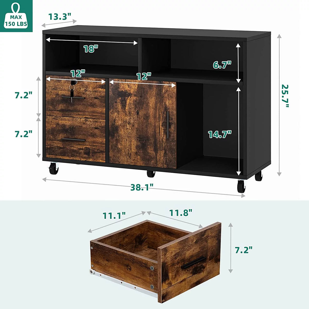 Wood 2 Drawer Mobile File Cabinet with Open Storage Shelves S5031