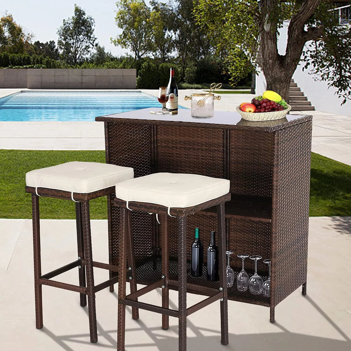 Brown 3 Piece Rattan Patio Bar Set with Storage W376929