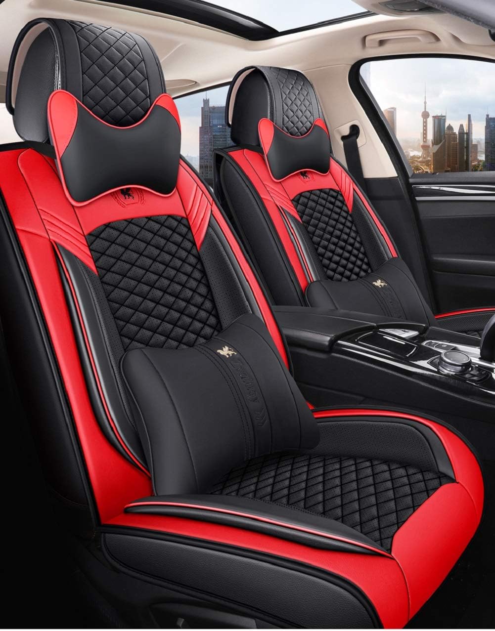 Leather Car Seat Covers 5 Seats Full Set Black Pink Q1523