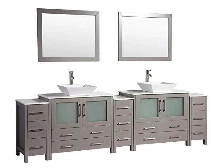108 in. Grey Double Sink Ceramic Vanity Cabinet with Mirror O393