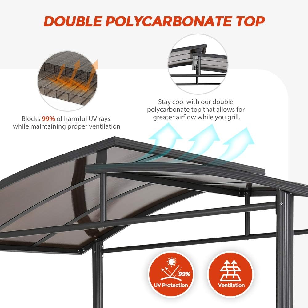 8'x5' Steel Frame Double-Tier Polycarbonate Top Grill Gazebo with Shelves H17904