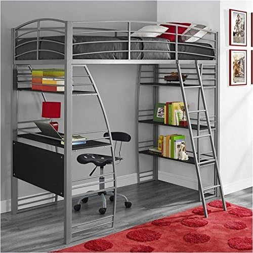 Gray Metal Twin Loft Bed with Desk and Bookcase I128