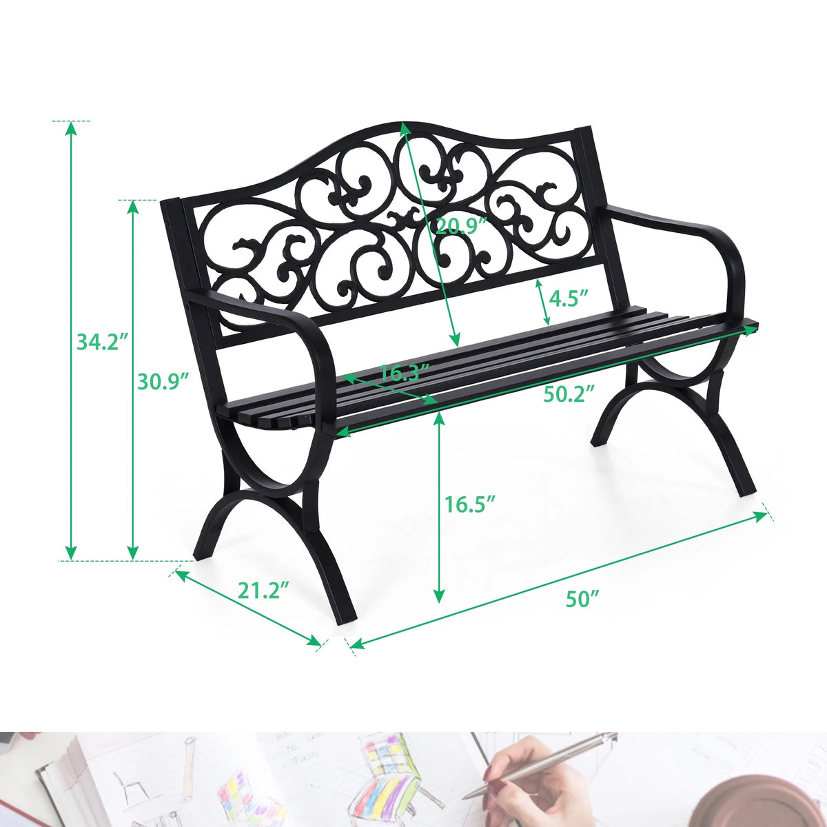 50" Outdoor Iron Cast Garden Park Bench - Black Q969