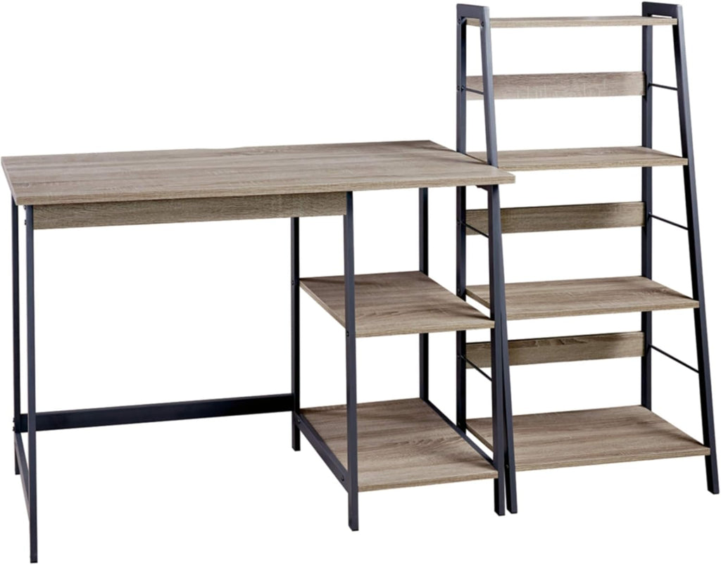 Modern Home Office Desk & 4-Shelf Bookcase Set Reclaimed Wood T9410