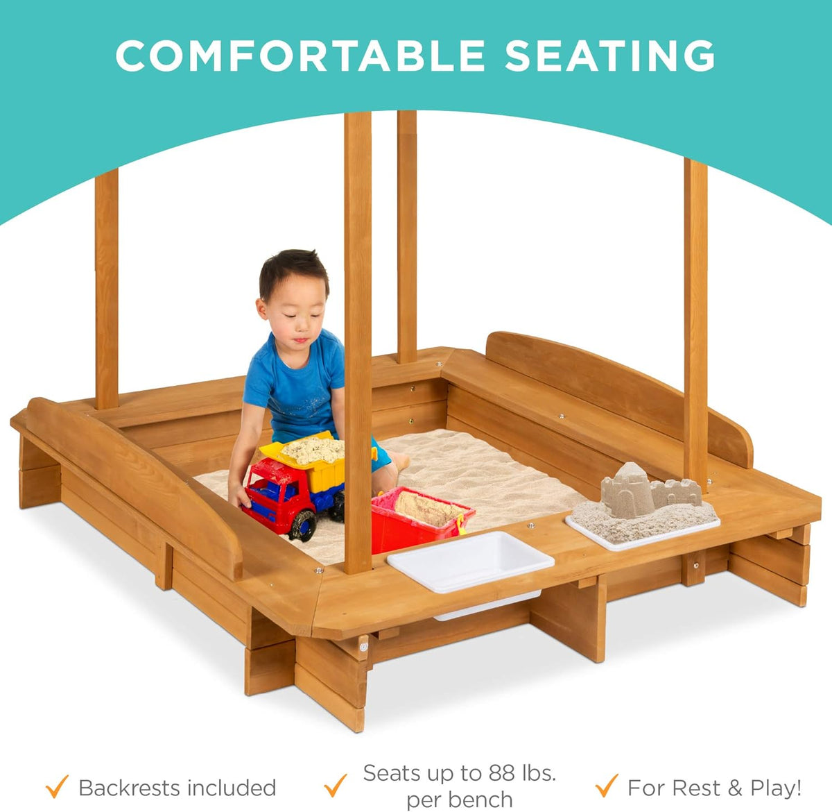 Kids Wooden Sandbox with 2 Bench Seats and Canopy A382