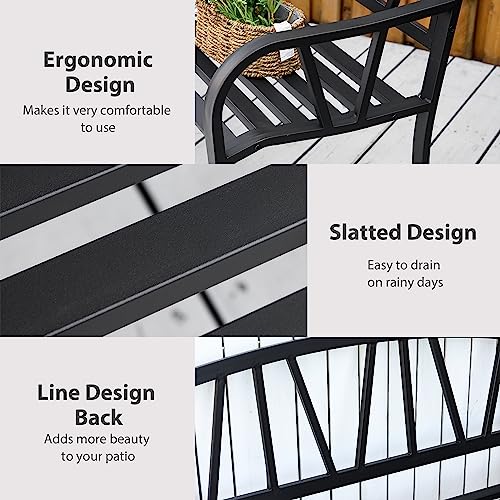 Black Metal Garden Bench with Slatted Seat W30100
