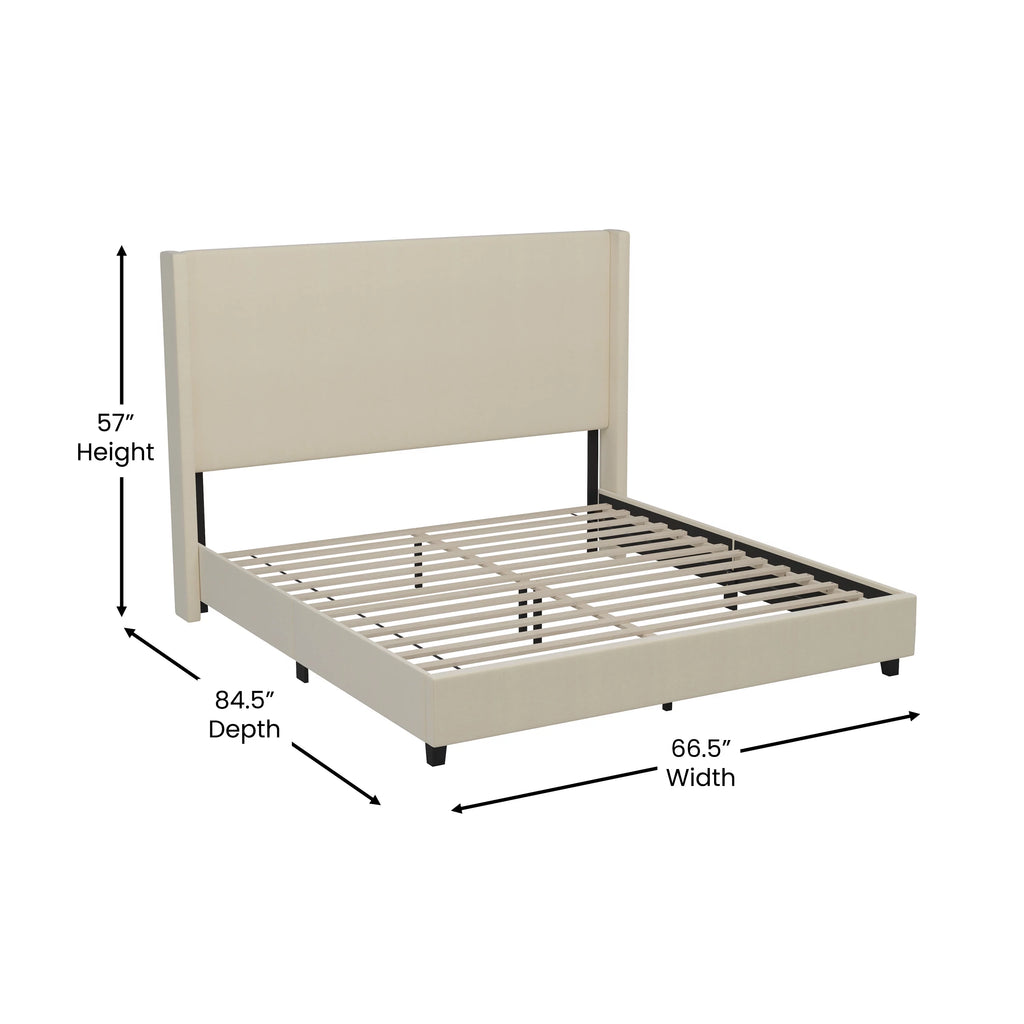 Queen Size Beige Faux Linen Upholstered Platform Bed Frame Z942