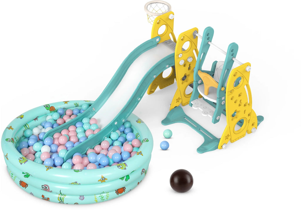 6 in 1 Toddler Slide and Swing Set with Basketball Hoop D531856