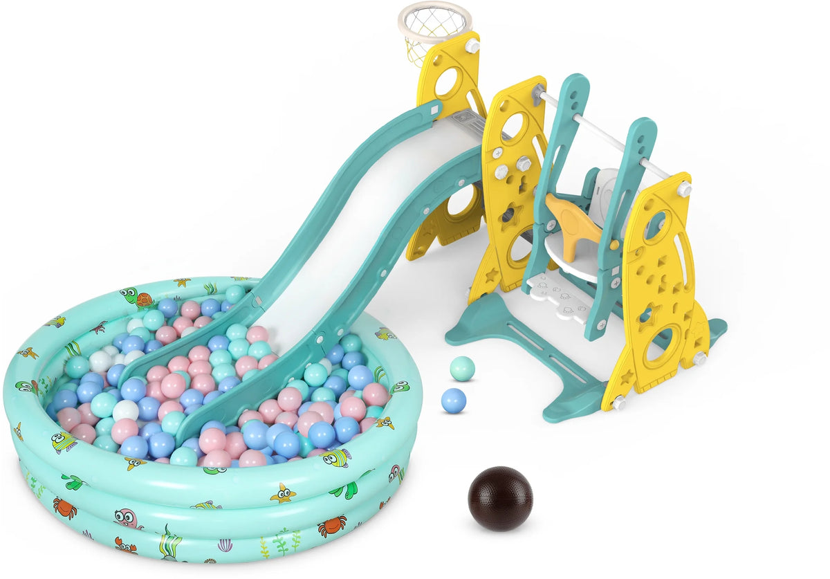 6 in 1 Toddler Slide and Swing Set with Basketball Hoop D531856