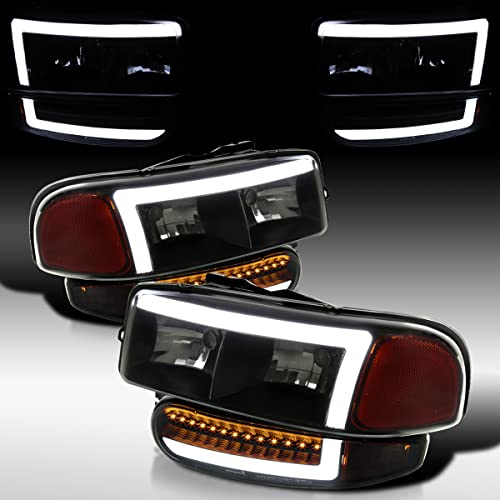 Compatible with 2000-2006 GMC Sierra Denali Black Smoke LED Tube Headlights + Sequential Bumper Lights Q282434