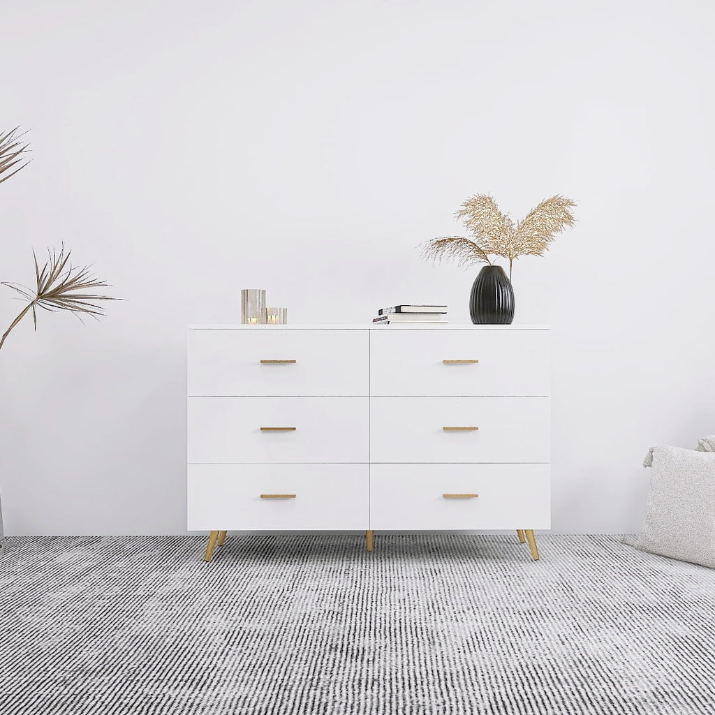 White 6 Drawer Chest of Drawer with Golden Handle and Golden Steel Legs A5756
