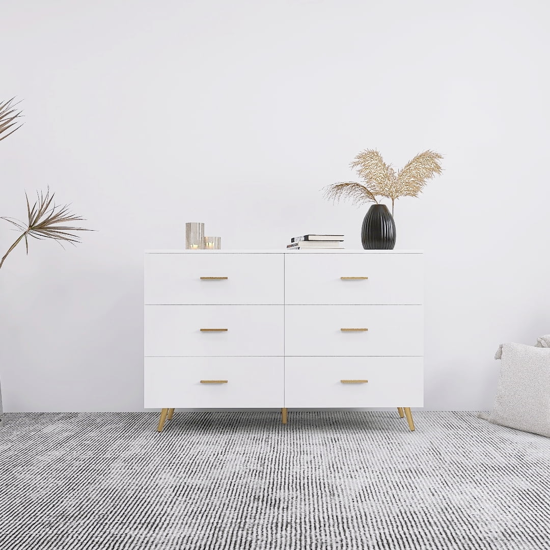 White 6 Drawer Chest of Drawer with Golden Handle and Golden Steel Legs A5756