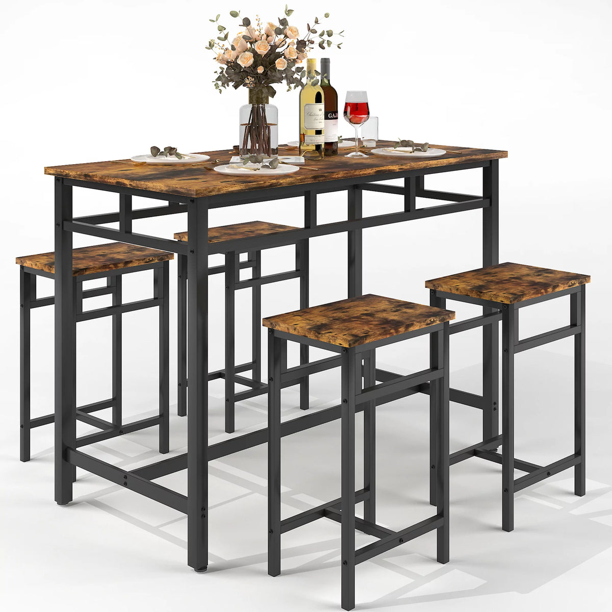 5 Piece Wooden Metal Dining Table and Stools Set A674
