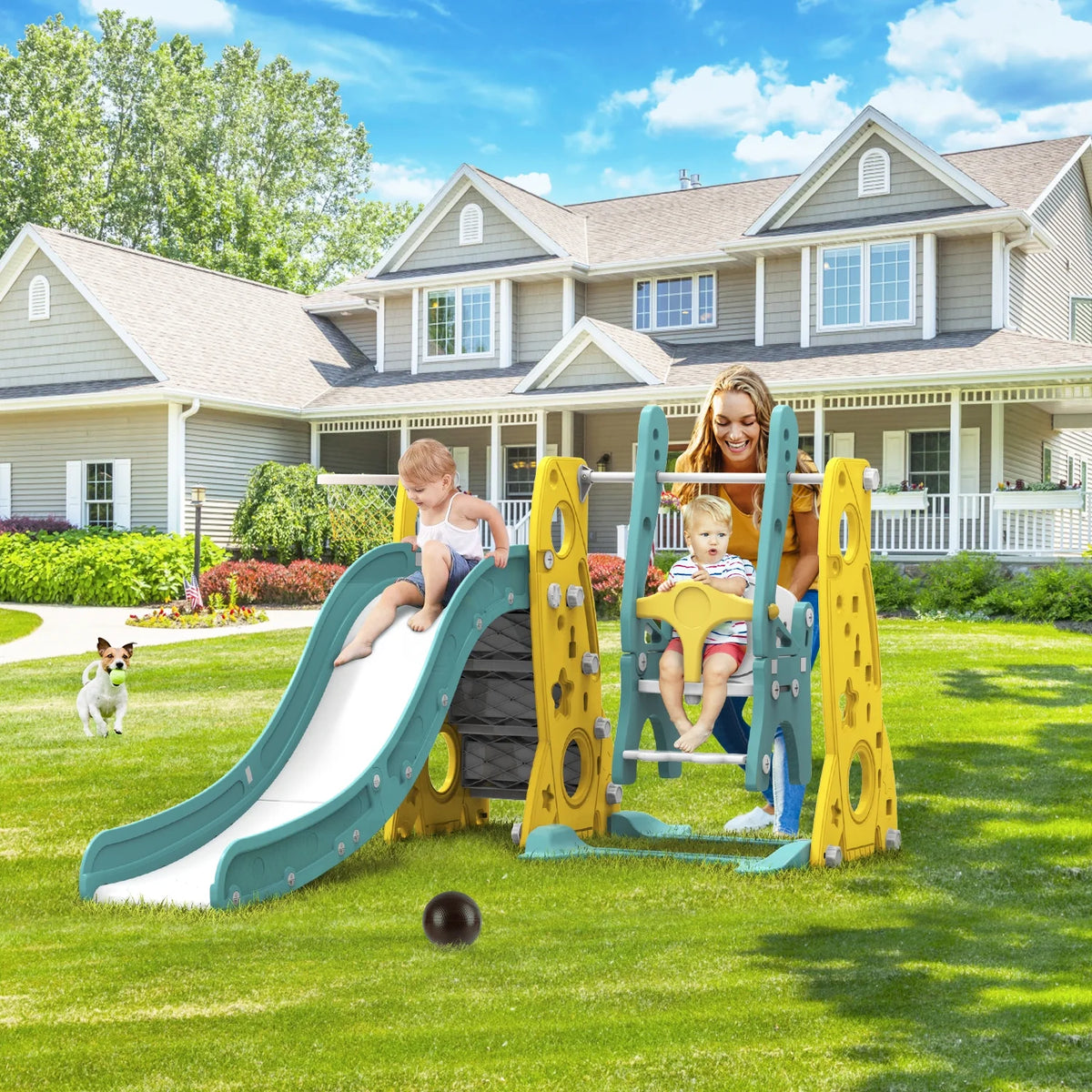 6 in 1 Toddler Slide and Swing Set with Basketball Hoop D531856
