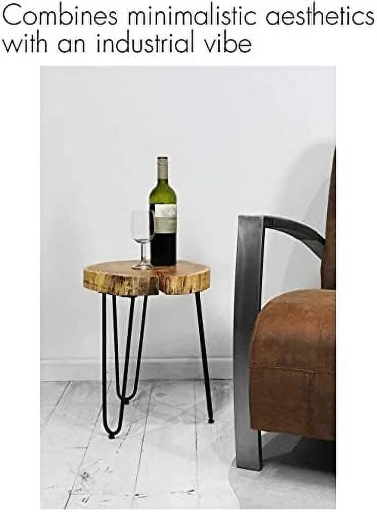 Round Accent Table Old Elm Wood End Table with 3-Leg Metal Stand A7334